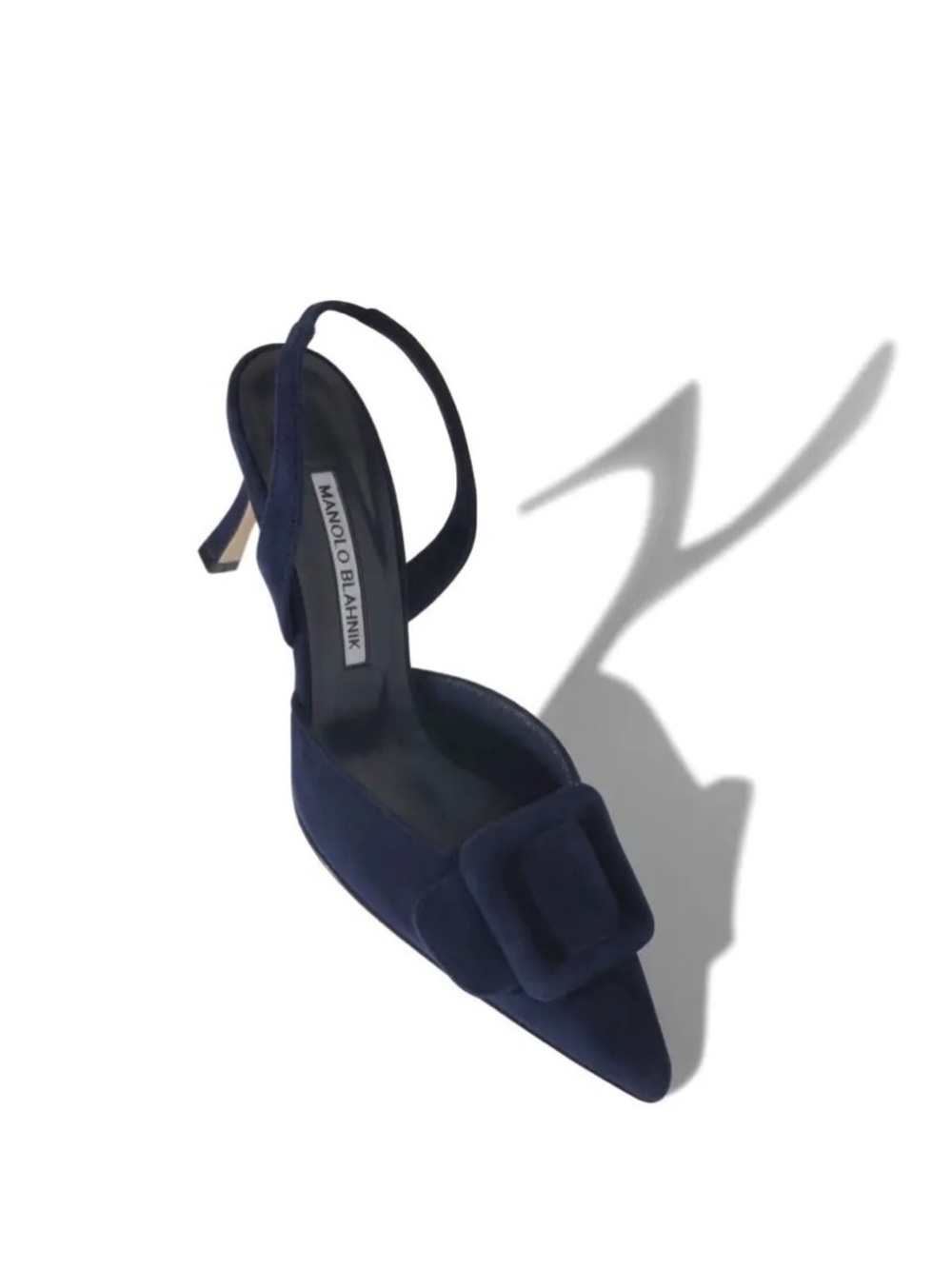 Manolo Blahnik Navy Suede Pointed Slingback Pump with Buckle Accent